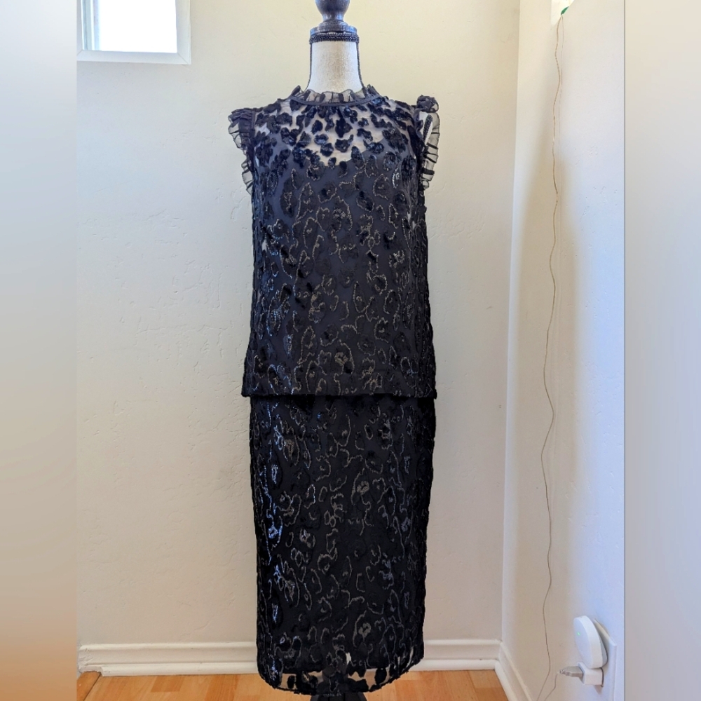 JCrew skirt and top size 4 black burnout velvet on sheer black.